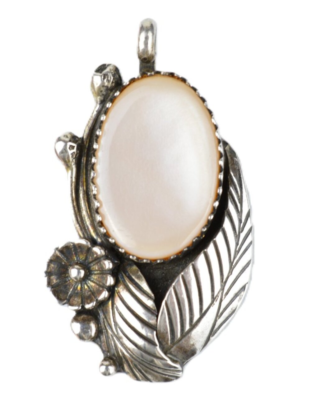 Navajo Sarah Duboise Sterling Silver Mother of Pearl Feather Pendant Signed SD